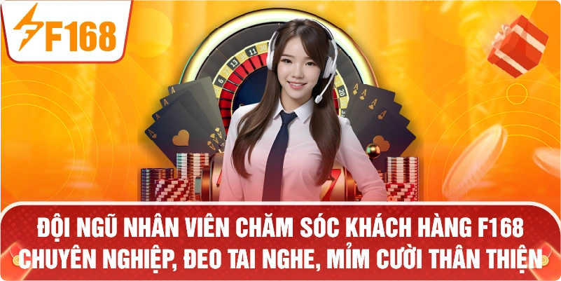 đội ngũ nhân viên chăm sóc khách hàng F168 chuyên nghiệp, đeo tai nghe, mỉm cười thân thiện.